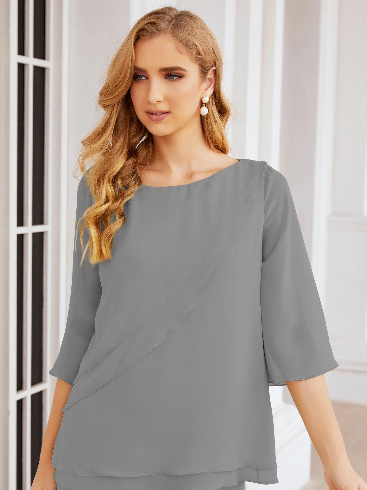 Robe de mariée élégante pour la mère de la mariée en deux pièces, tailleur pantalon grande taille à volants superposés, peignoir argenté 28064