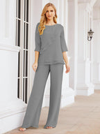 Robe de mariée élégante pour la mère de la mariée en deux pièces, tailleur pantalon grande taille à volants superposés, peignoir argenté 28064