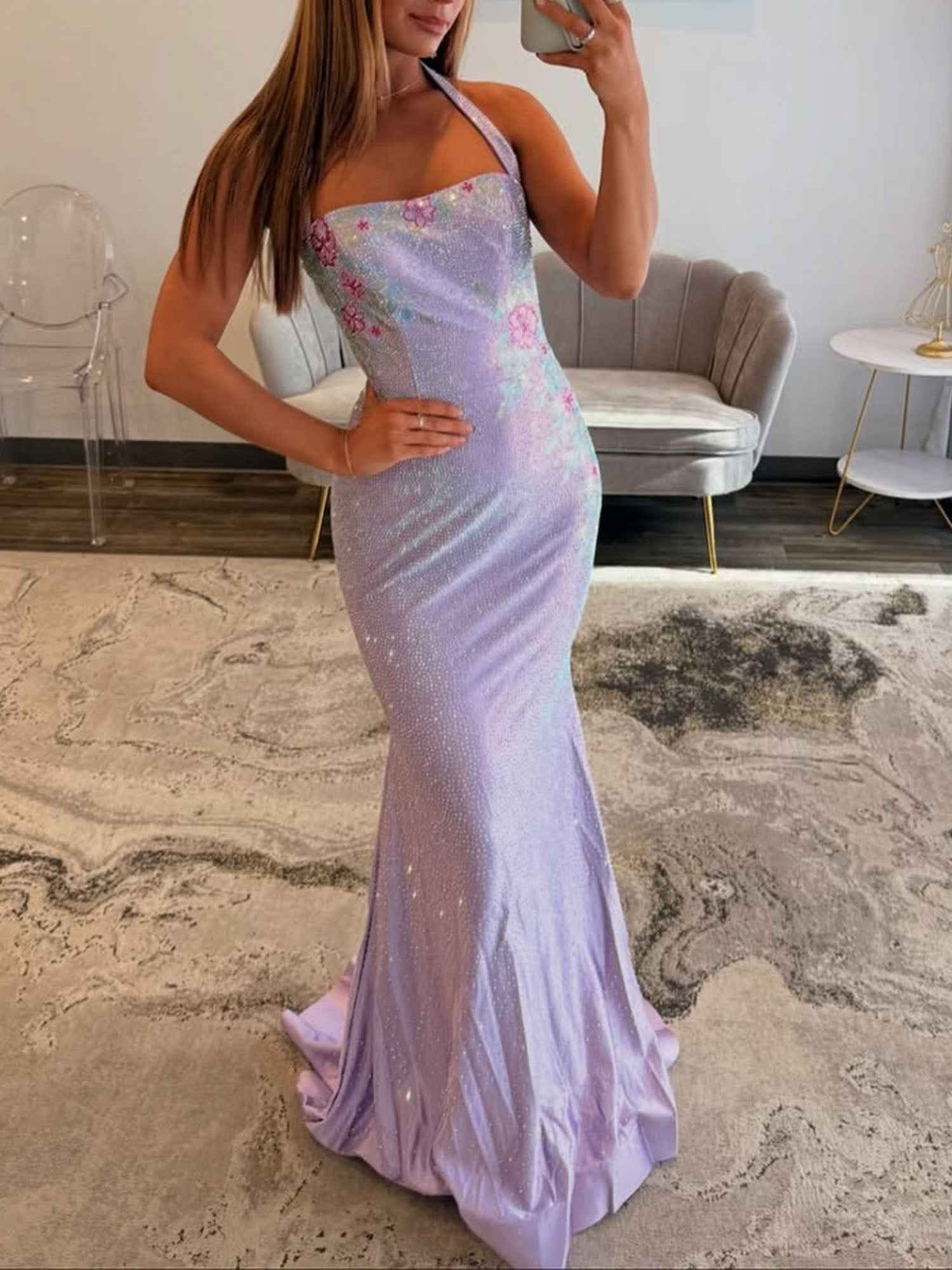 Shimmering Rhinestone Mermaid Prom Dress For Teens Halter Neck Party Gown