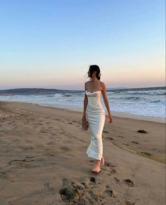 Abito lungo da sera elegante bianco con spalline sottili a sirena, vestito da ballo Y7513