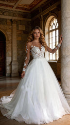 Illusion scoop long-sleeve wedding dress with lace appliques and sheer back, white/ivory tulle ballgown