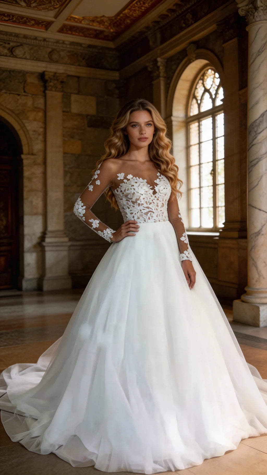 #003 Illusion long-sleeve wedding dress with lace appliques, sheer back, ivory tulle ball gown, train