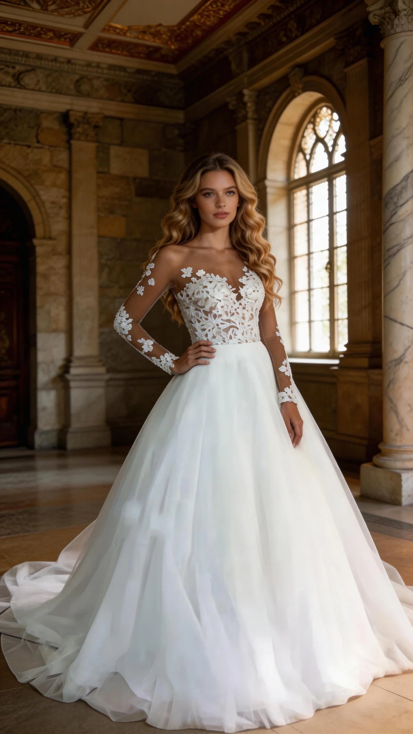 #003 Illusion long-sleeve wedding dress with lace appliques, sheer back, ivory tulle ball gown, train