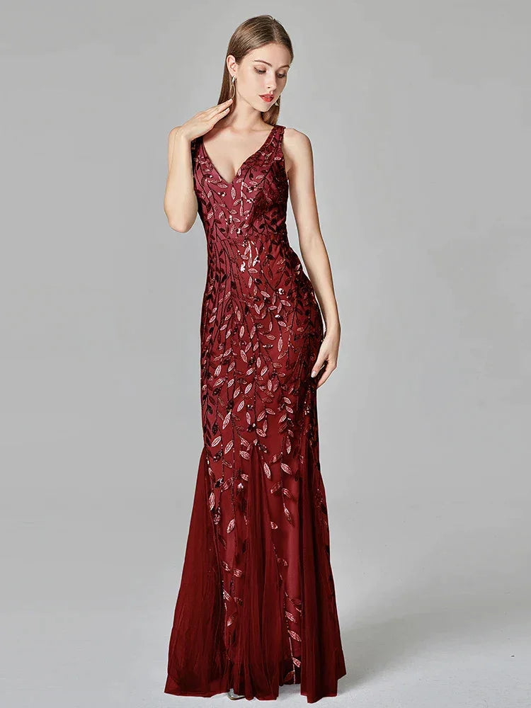 Silver Gray Elegant Fashion Evening Dresses Sexy Simple V Collar Open Back Sleeveless Embroidered Beads Fishtail Dress Gown SYP191