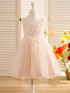 A Line V Neck Tulle Satin Lace Knee Length Flower Girl Dress
