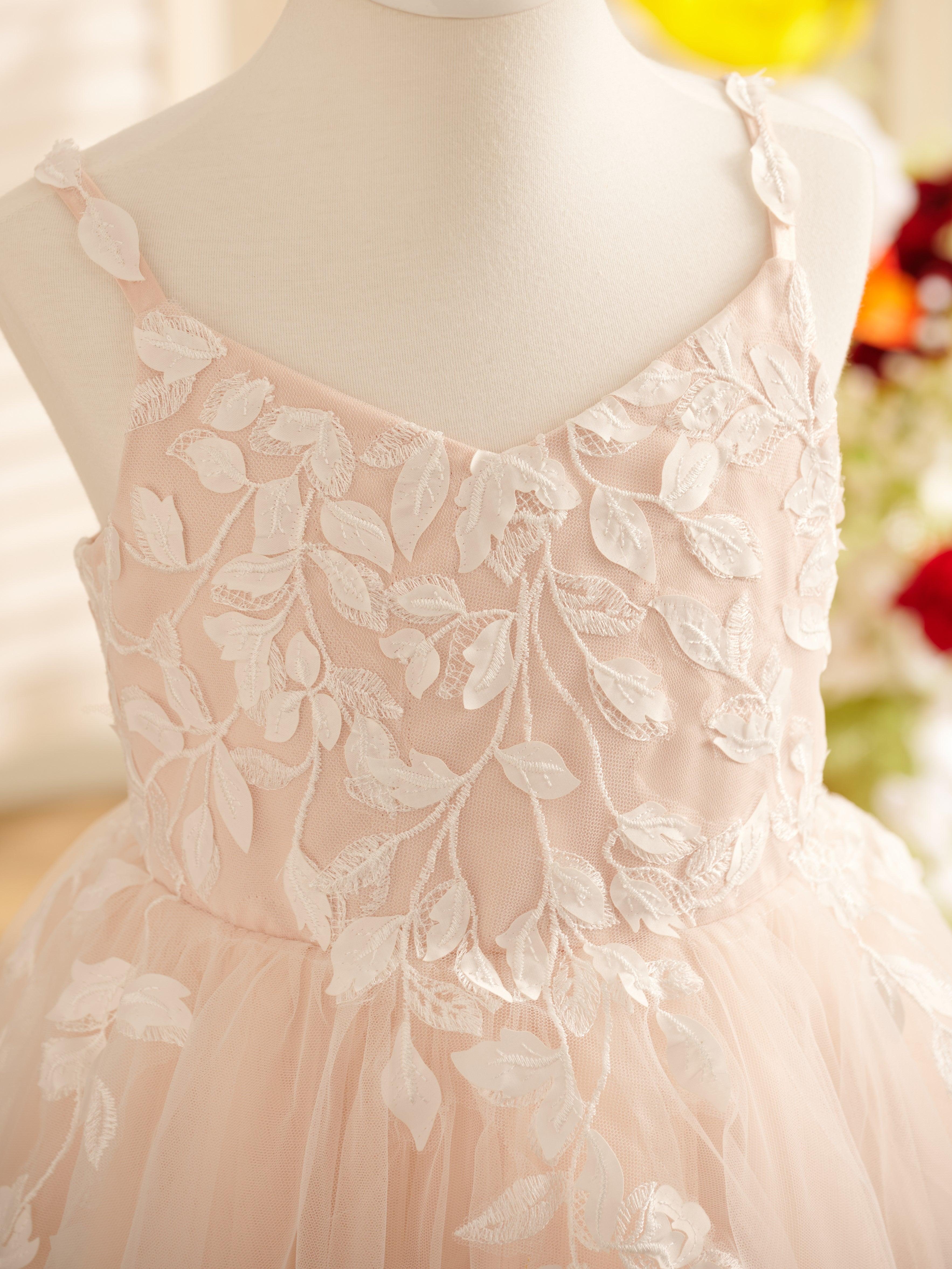 A Line V Neck Tulle Satin Lace Knee Length Flower Girl Dress