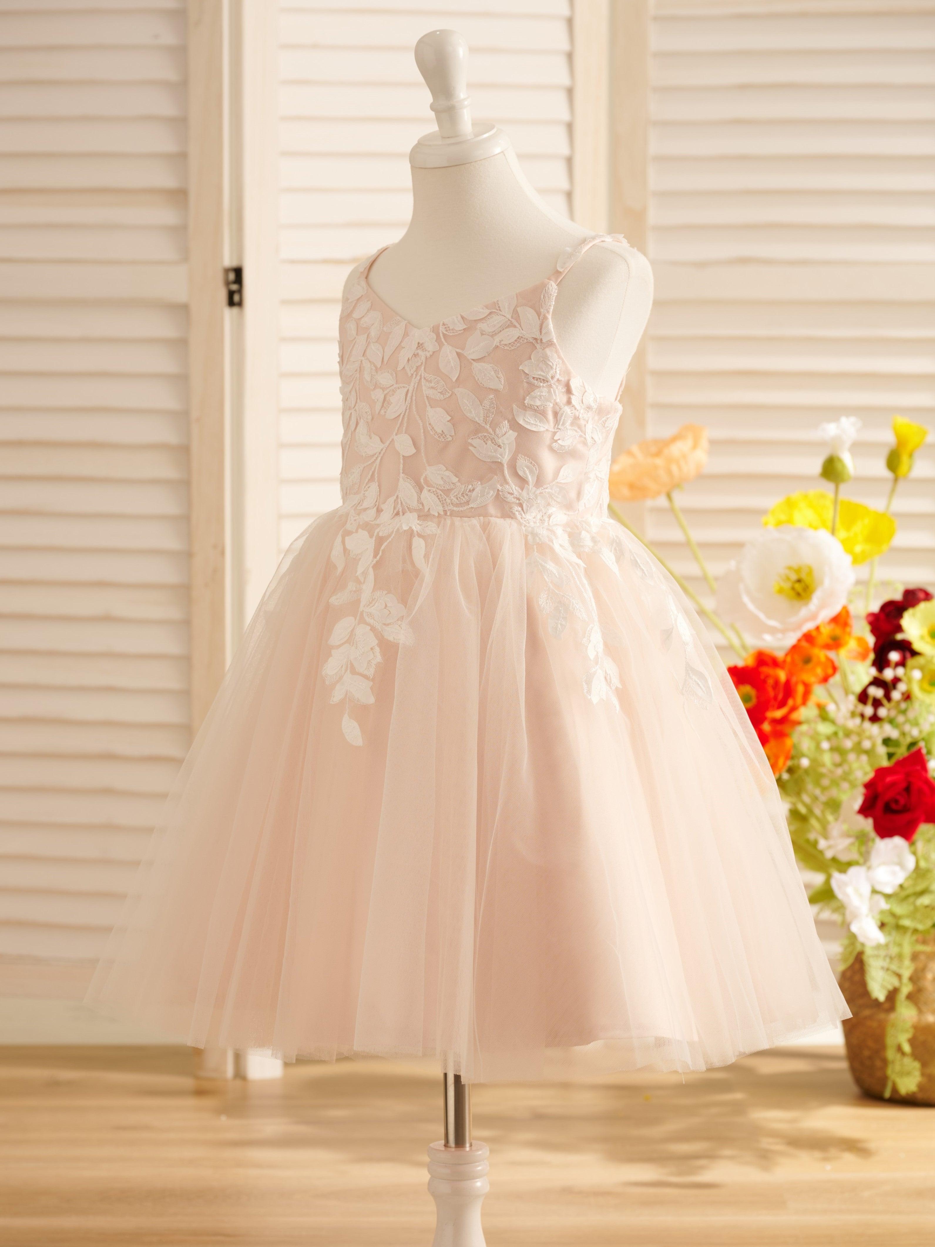 A Line V Neck Tulle Satin Lace Knee Length Flower Girl Dress