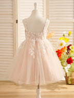 A Line V Neck Tulle Satin Lace Knee Length Flower Girl Dress