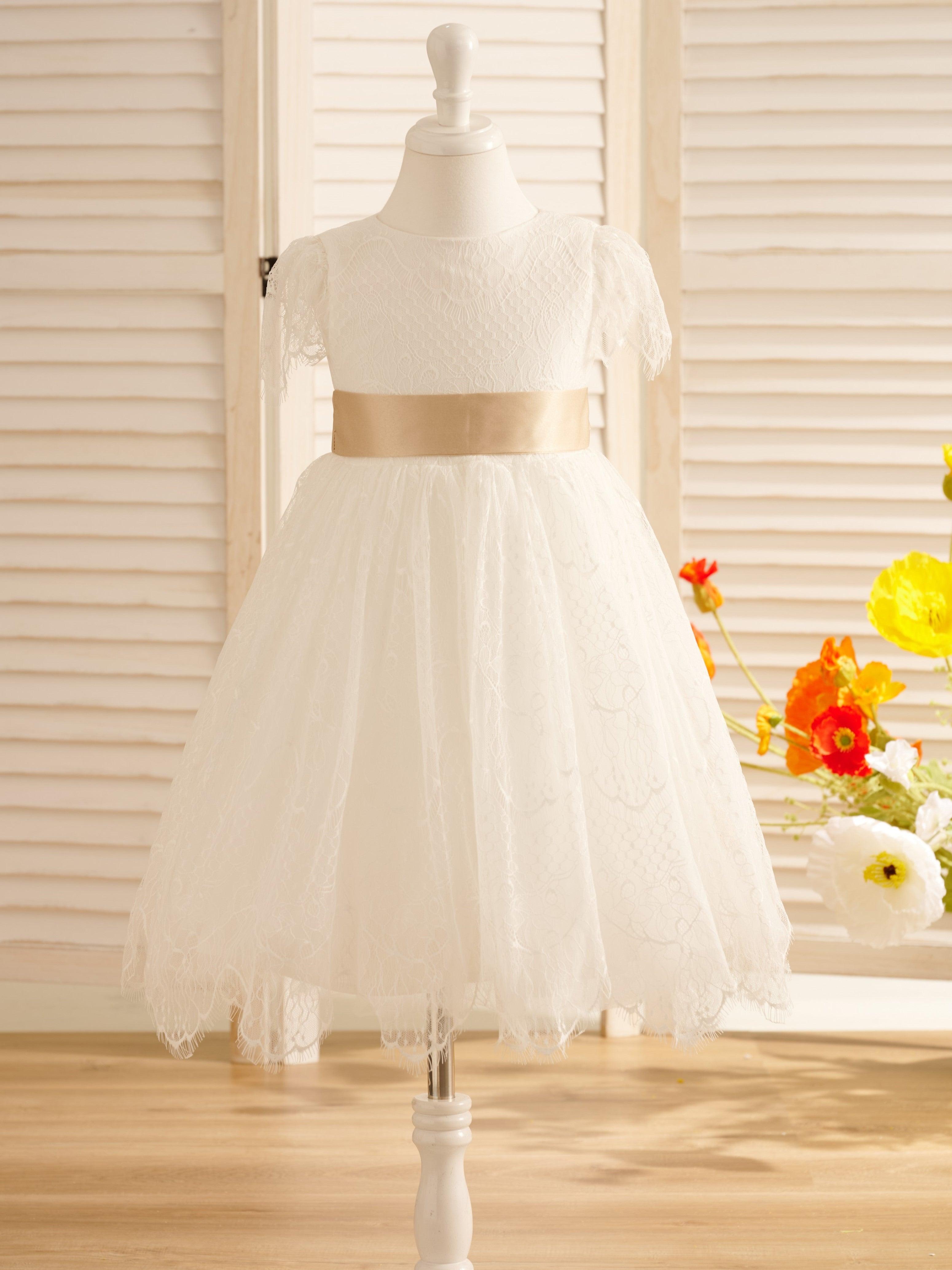 Ivory Satin Lace Flower Girl Dress With Bow For First Communion