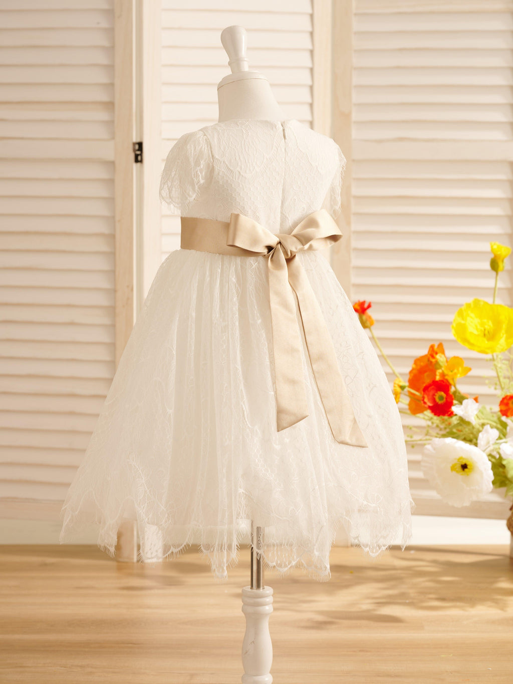 Ivory Satin Lace Flower Girl Dress With Bow For First Communion