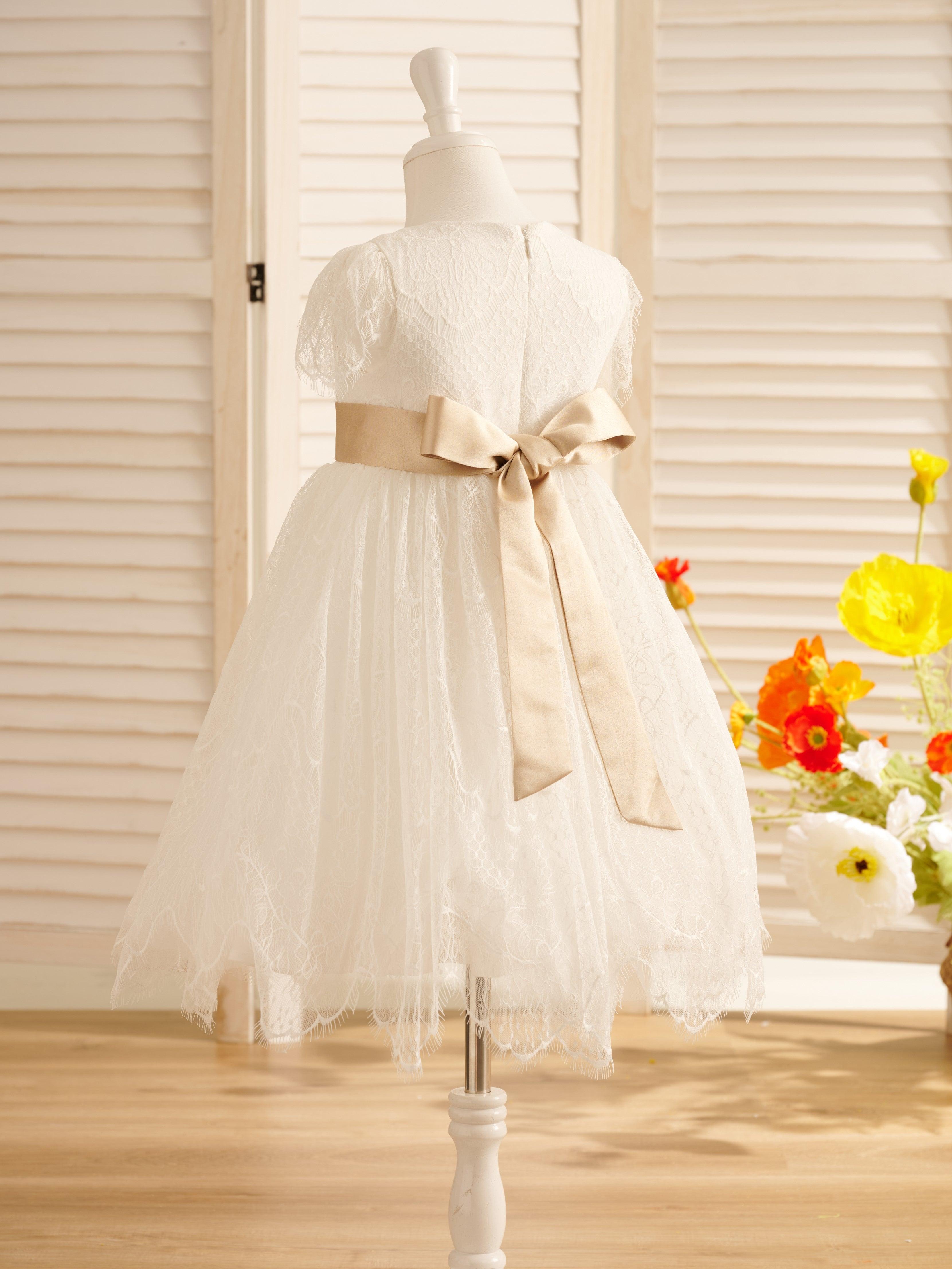 Ivory Satin Lace Flower Girl Dress With Bow For First Communion