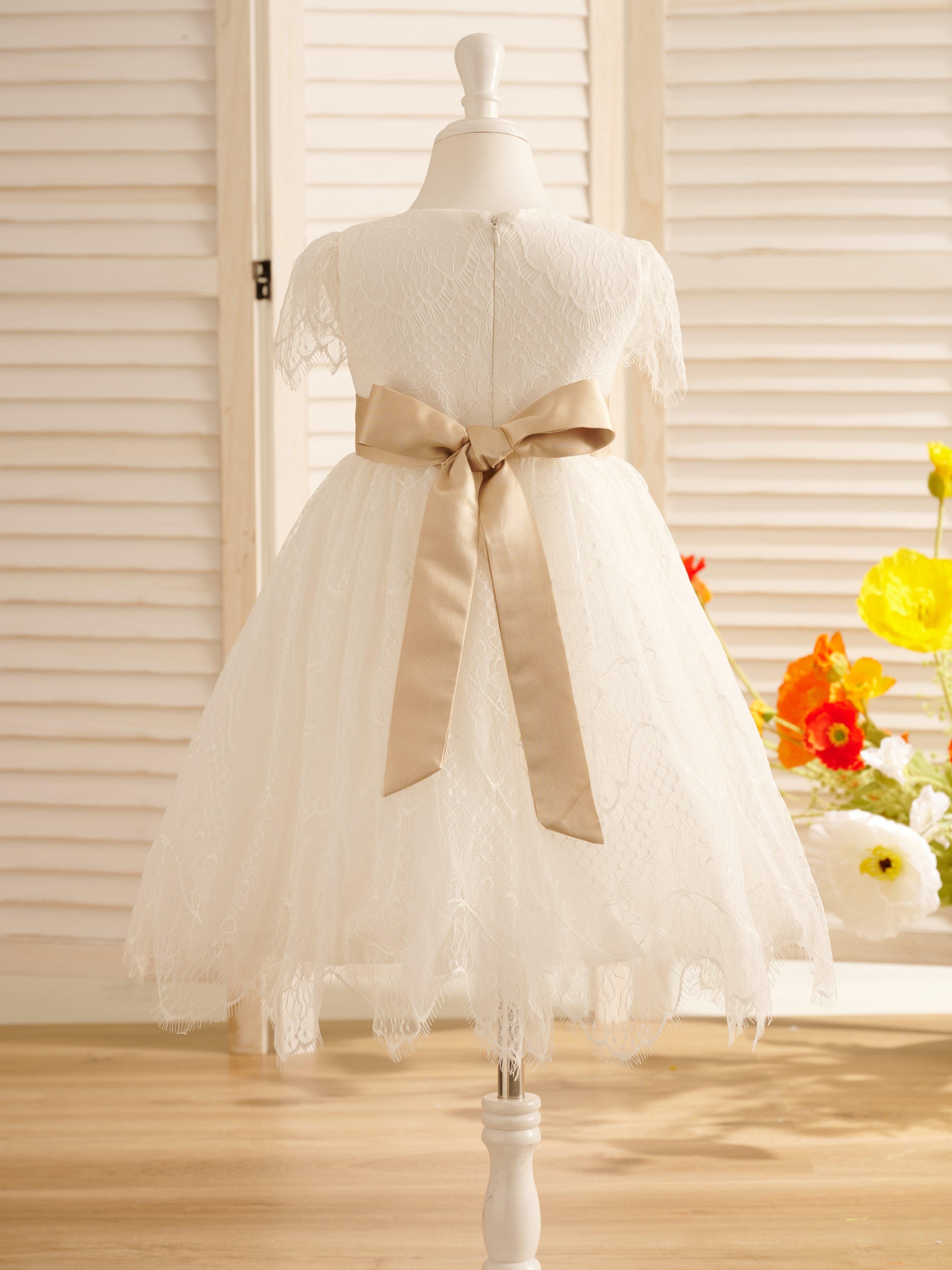 Ivory Satin Lace Flower Girl Dress With Bow For First Communion
