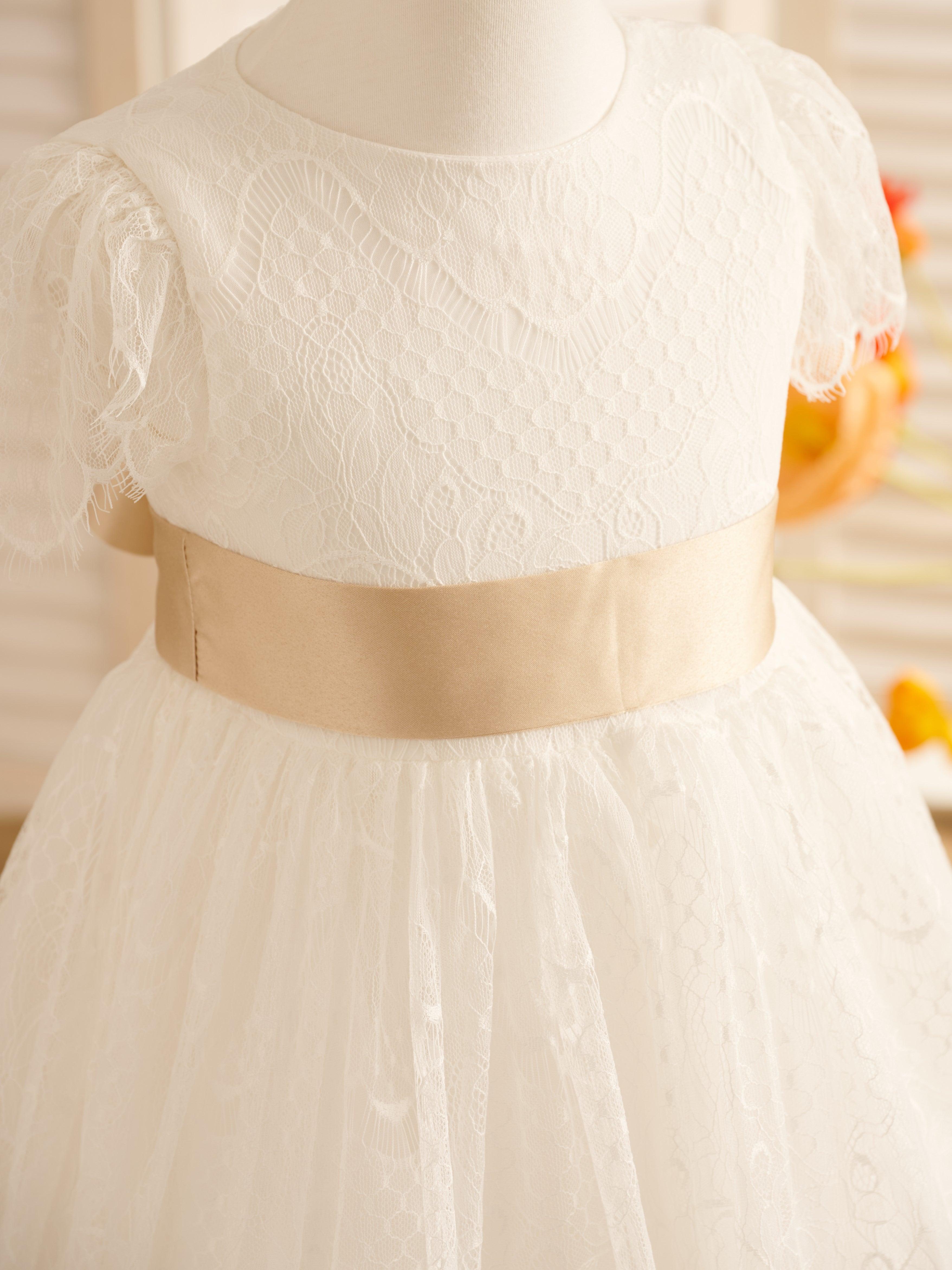 Ivory Satin Lace Flower Girl Dress With Bow For First Communion