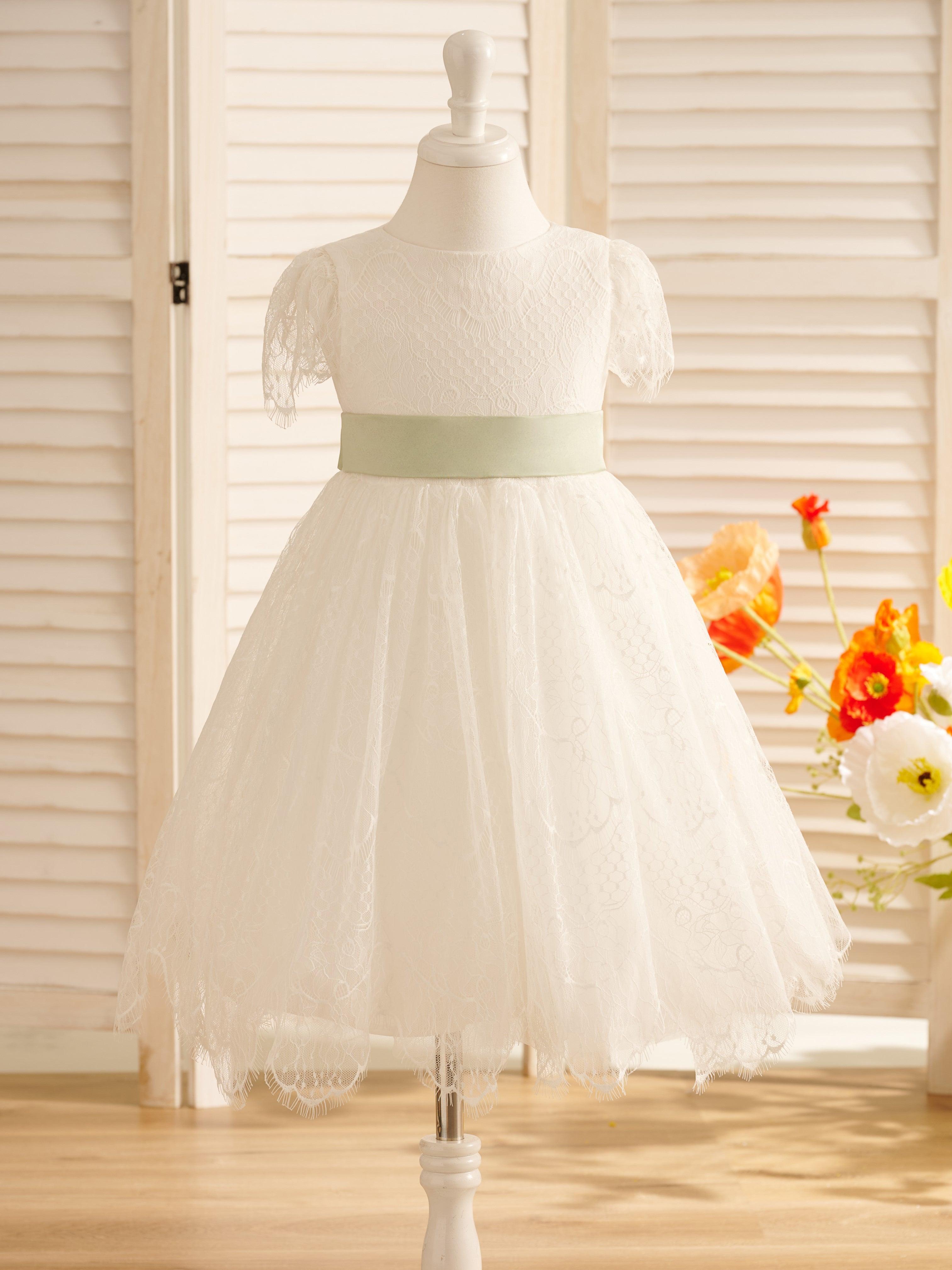 Ivory Satin Lace Flower Girl Dress With Bow For First Communion - photo 6