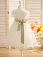 Ivory Satin Lace Flower Girl Dress With Bow For First Communion