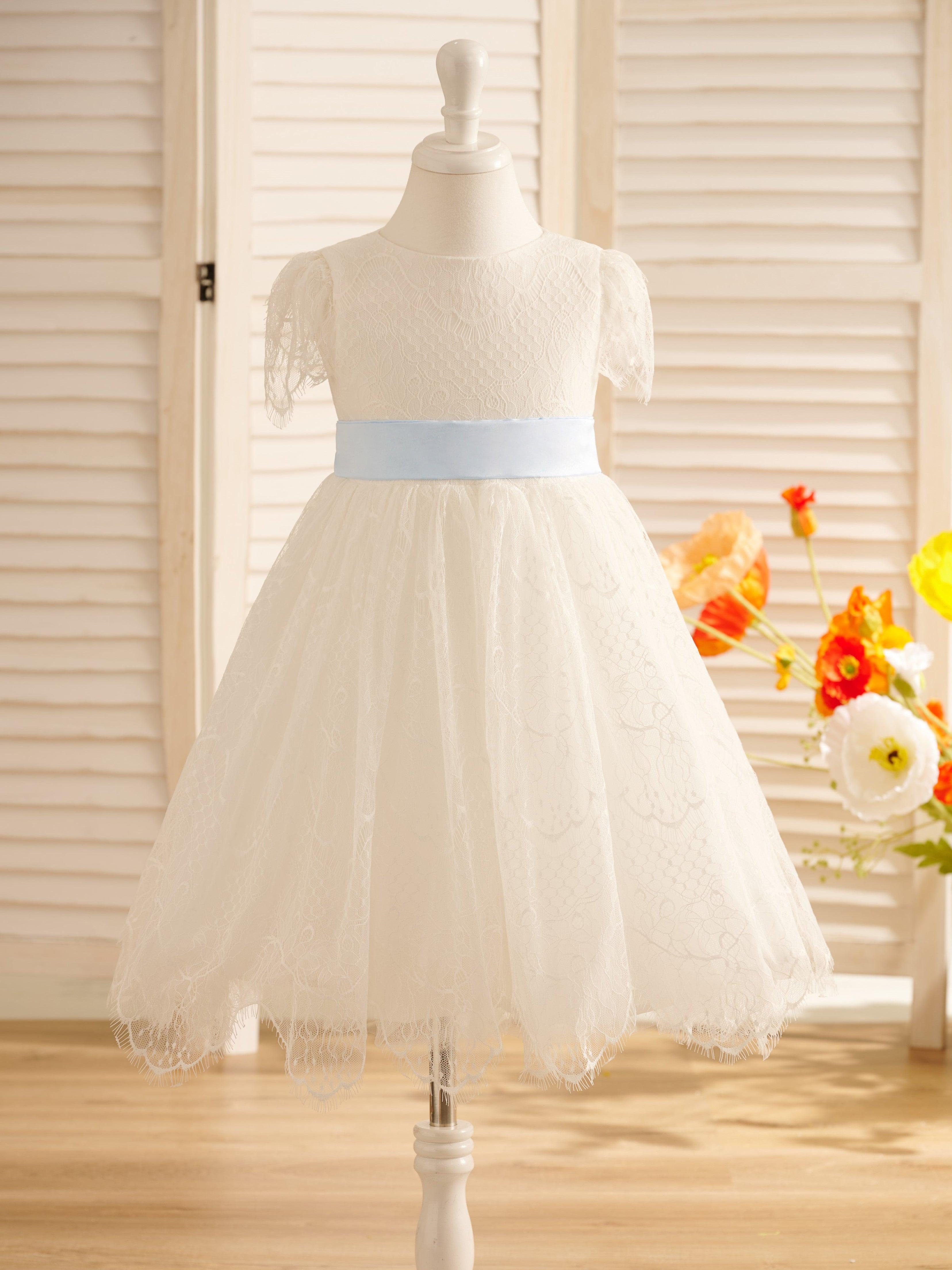 Ivory Satin Lace Flower Girl Dress With Bow For First Communion