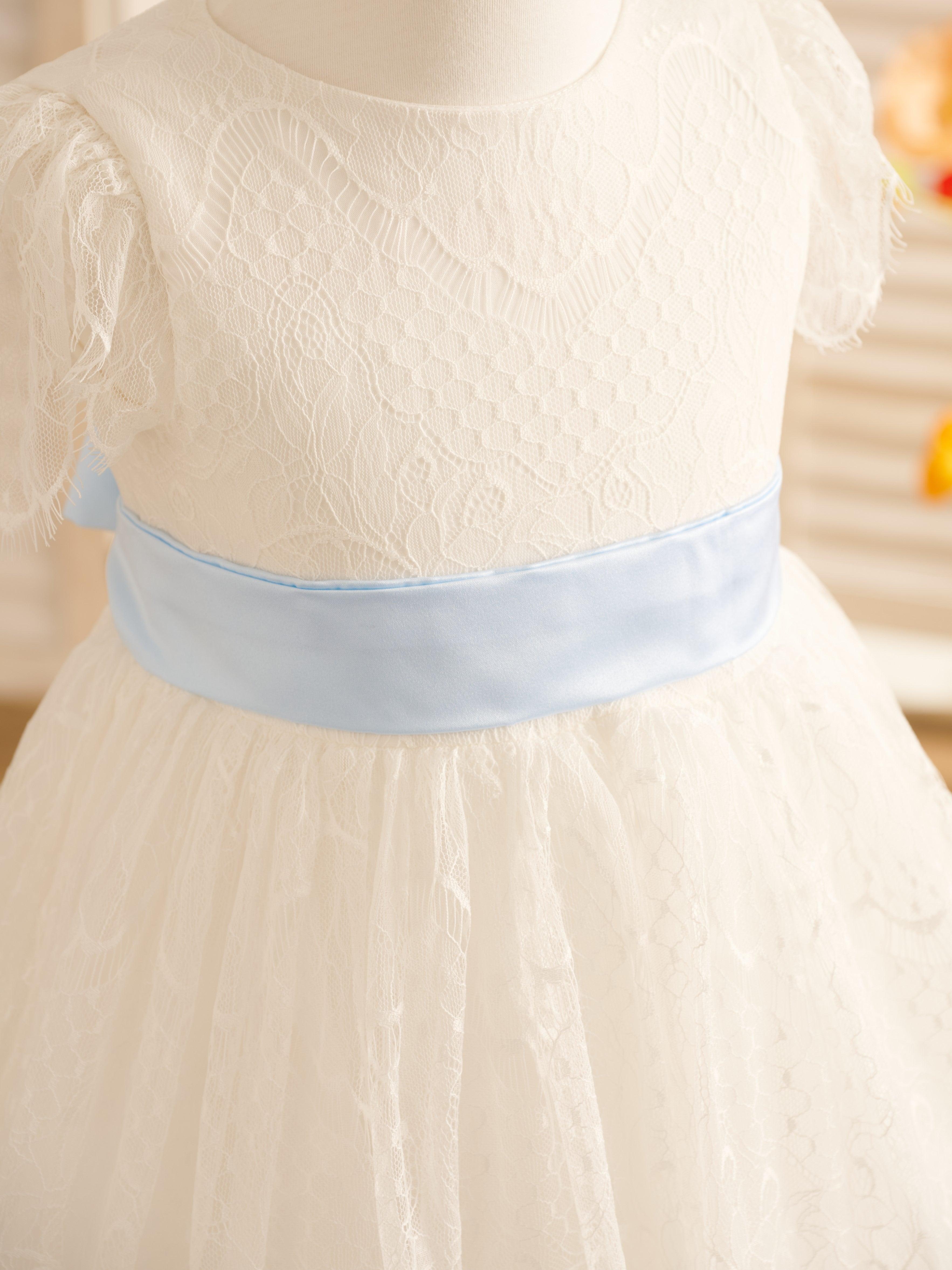 Ivory Satin Lace Flower Girl Dress With Bow For First Communion