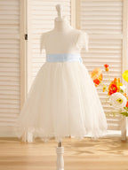 Ivory Satin Lace Flower Girl Dress With Bow For First Communion