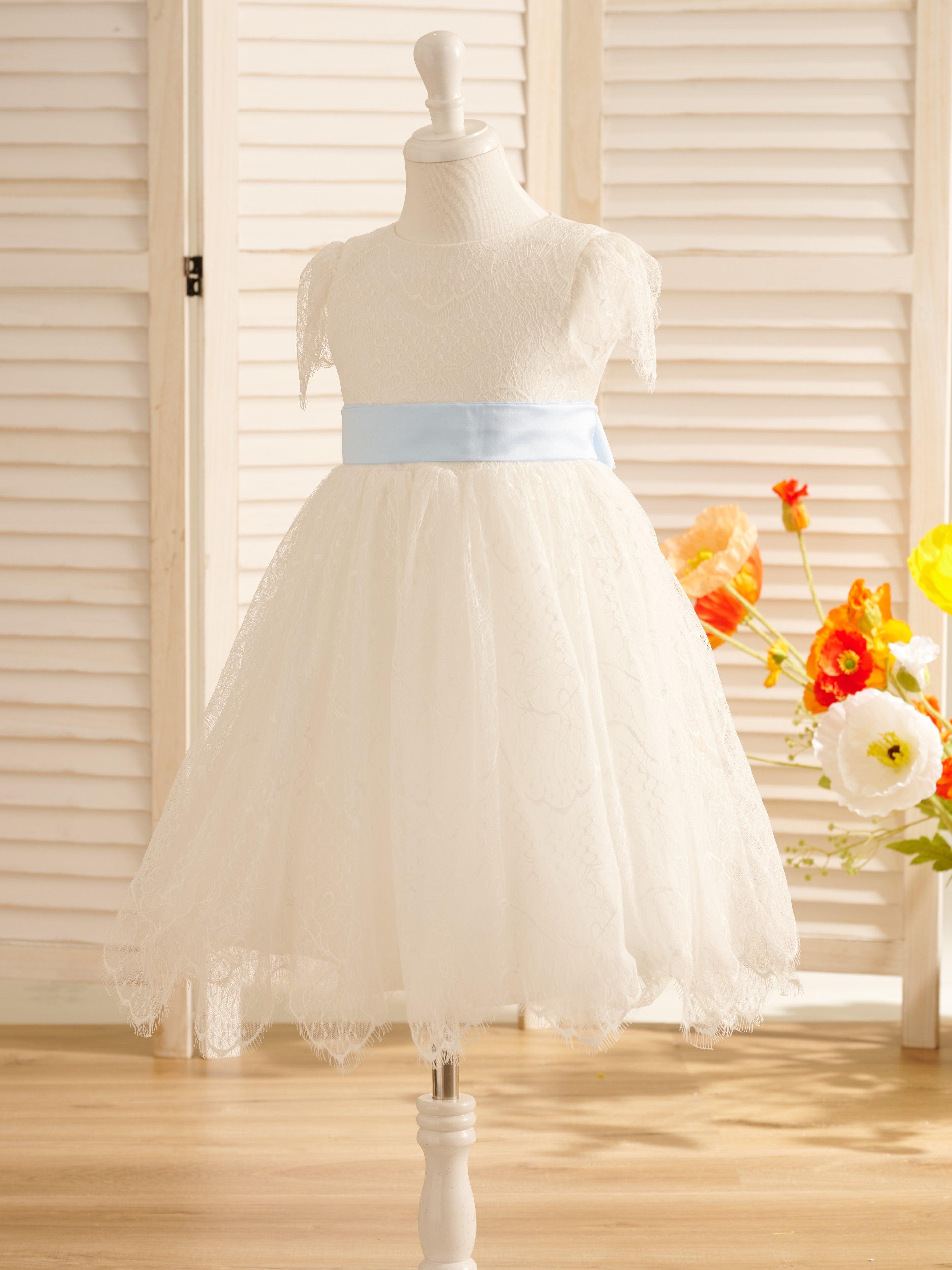 Ivory Satin Lace Flower Girl Dress With Bow For First Communion