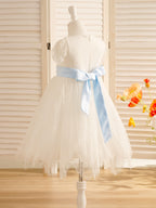 Ivory Satin Lace Flower Girl Dress With Bow For First Communion