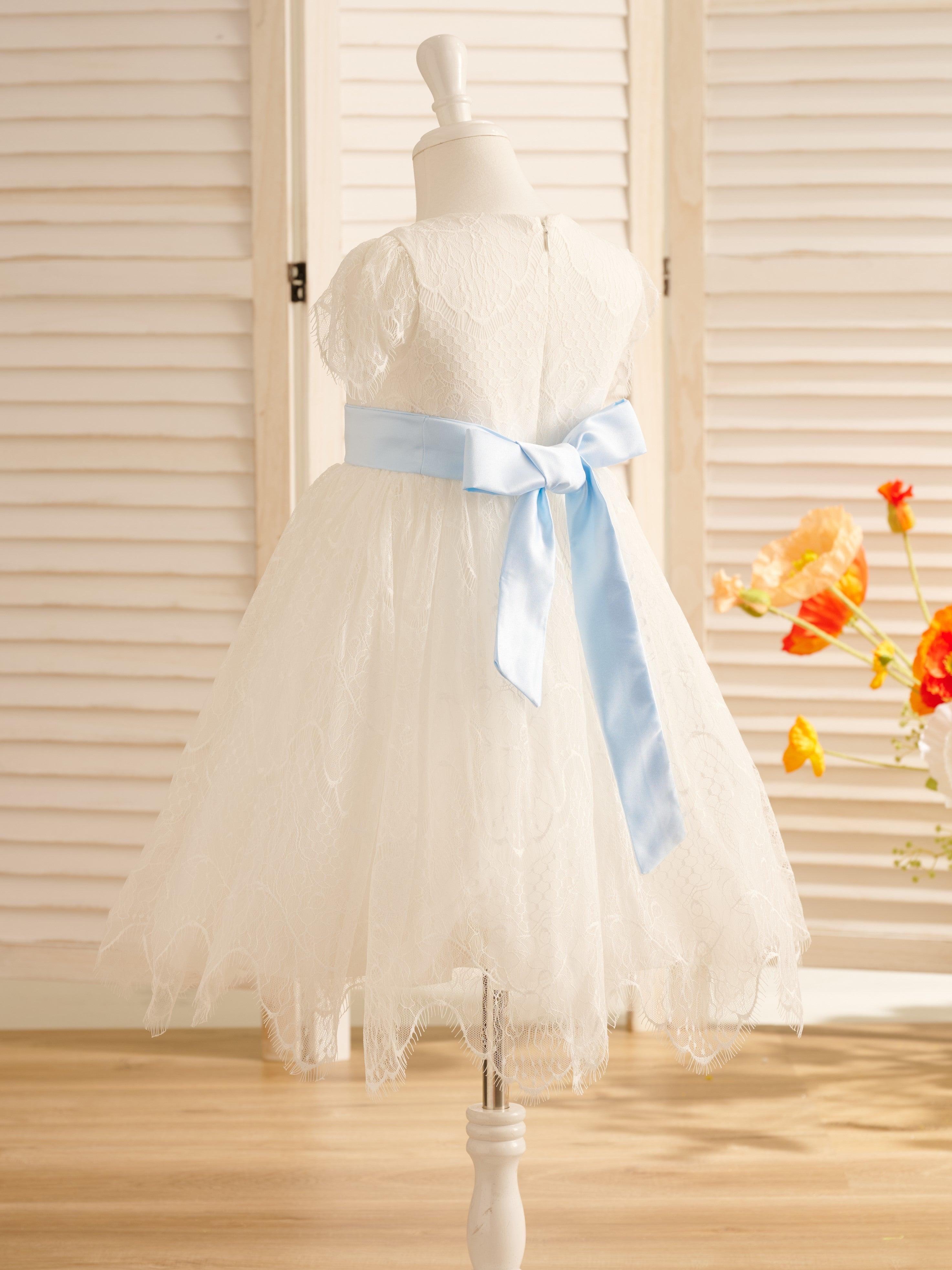 Ivory Satin Lace Flower Girl Dress With Bow For First Communion