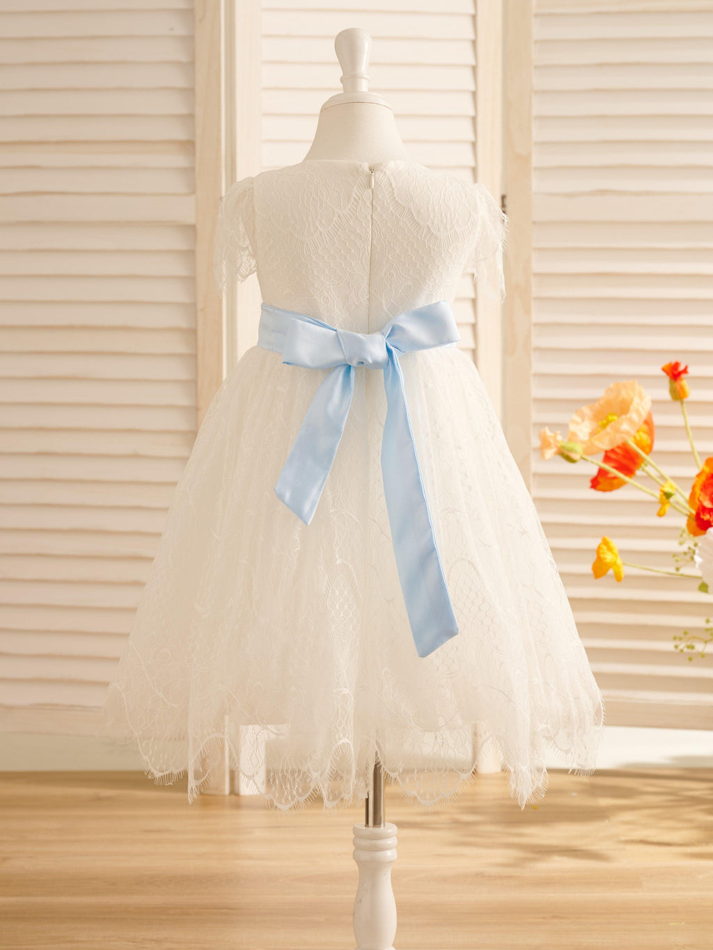 Ivory Satin Lace Flower Girl Dress With Bow For First Communion
