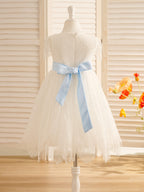 Ivory Satin Lace Flower Girl Dress With Bow For First Communion