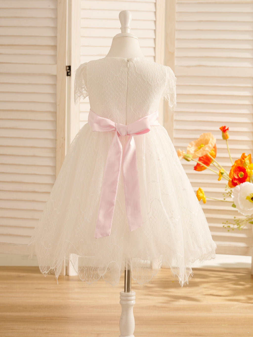 Ivory Satin Lace Flower Girl Dress With Bow For First Communion
