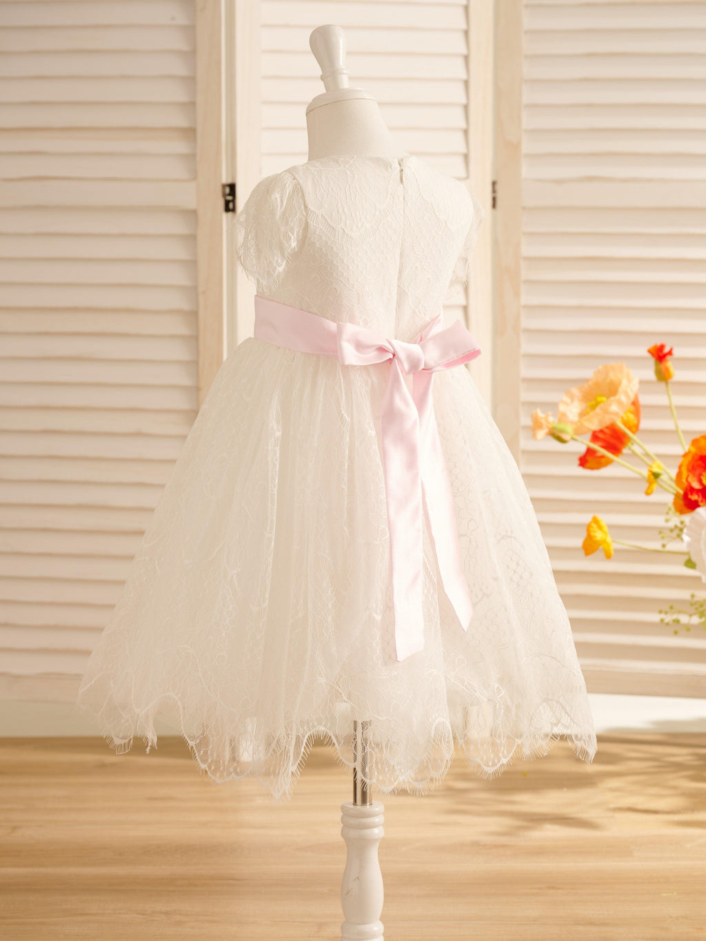 Ivory Satin Lace Flower Girl Dress With Bow For First Communion
