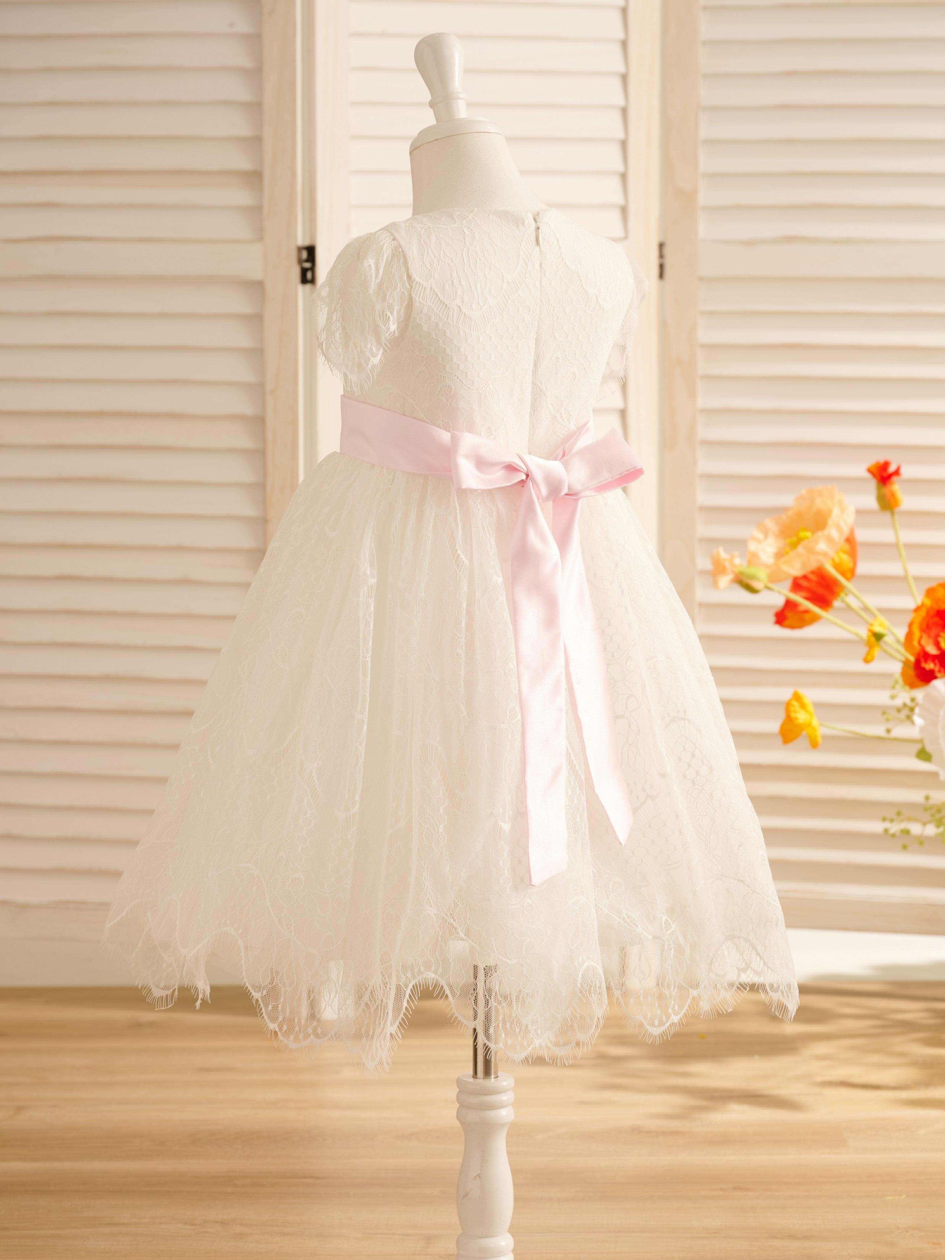Ivory Satin Lace Flower Girl Dress With Bow For First Communion