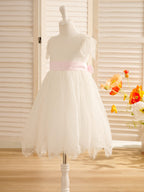Ivory Satin Lace Flower Girl Dress With Bow For First Communion