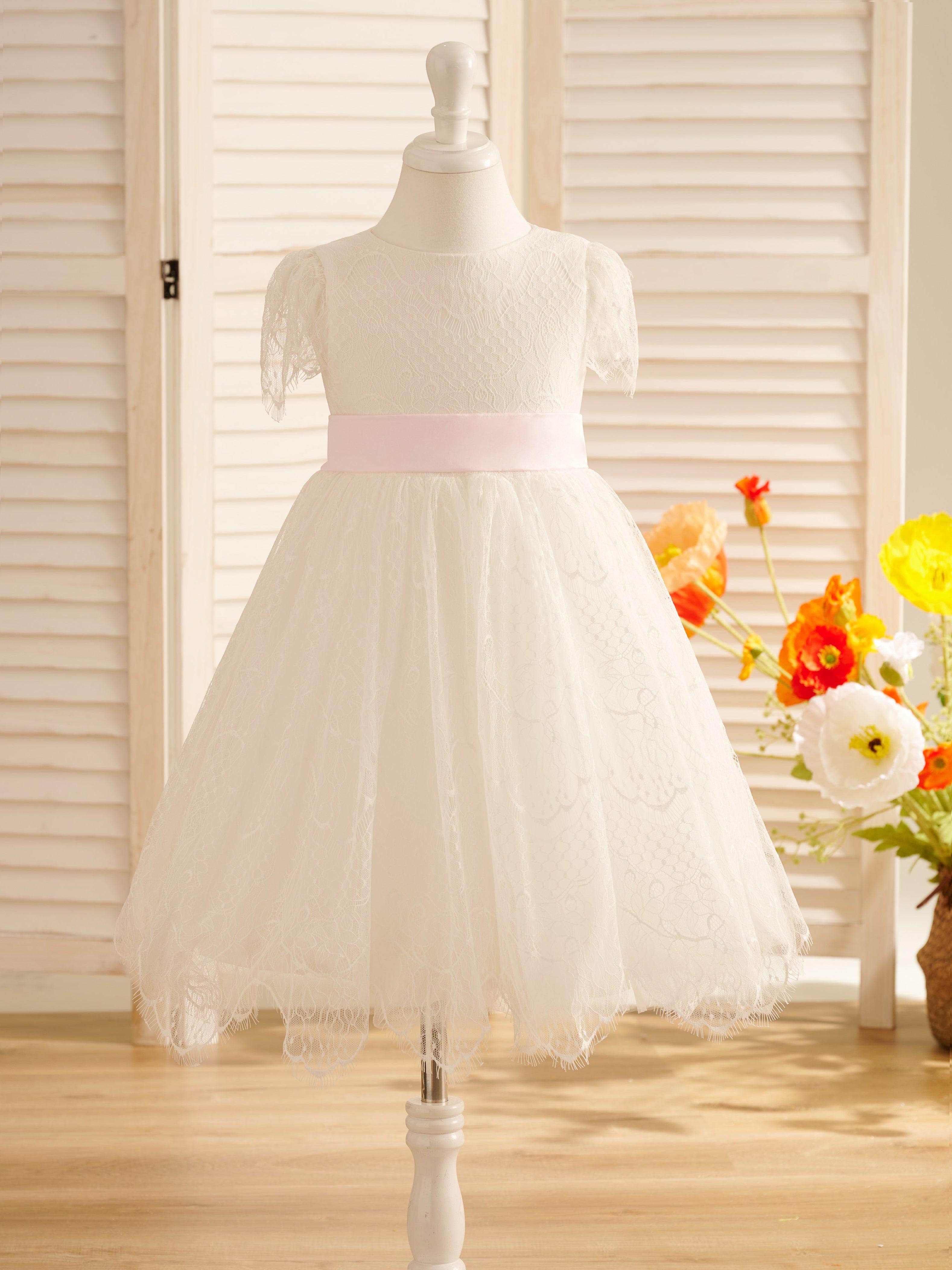Ivory Satin Lace Flower Girl Dress With Bow For First Communion