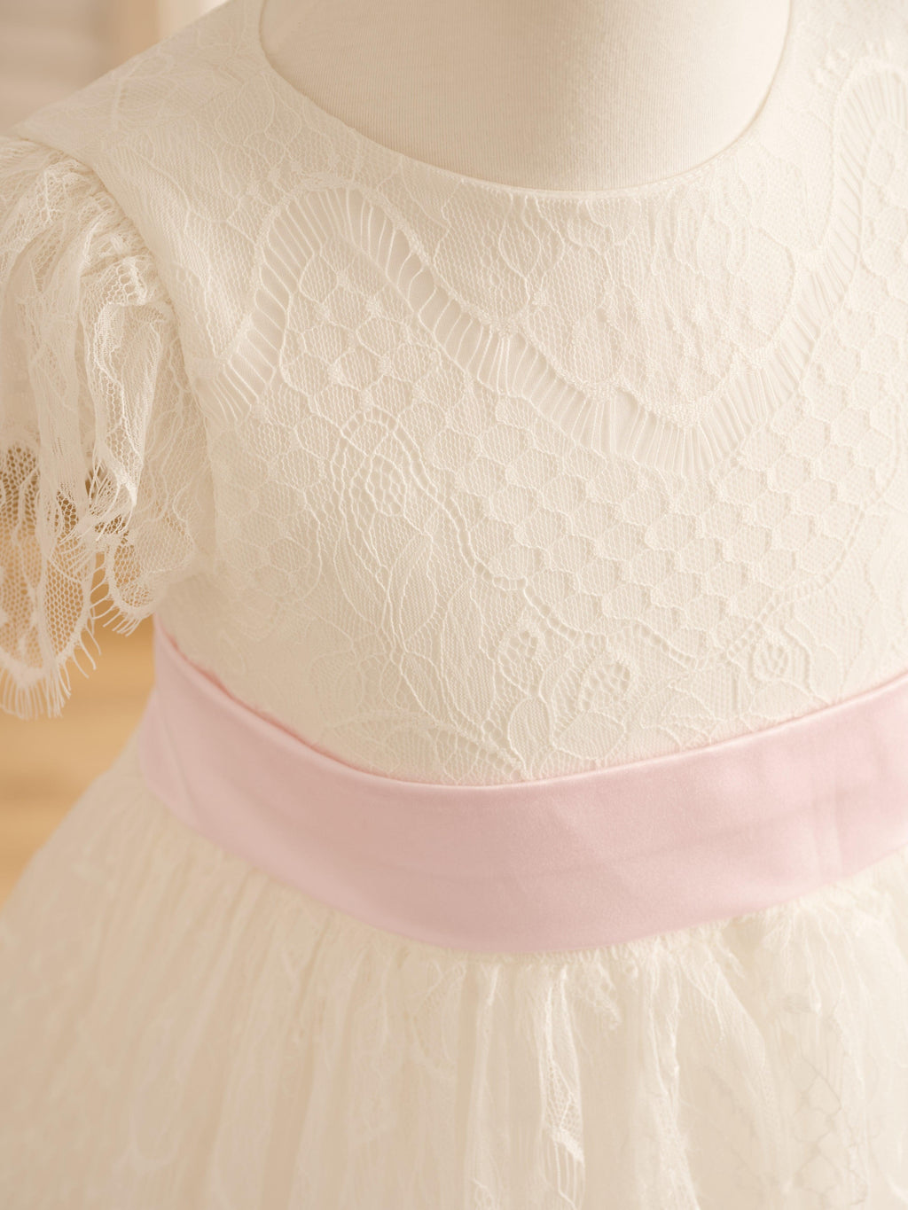 Ivory Satin Lace Flower Girl Dress With Bow For First Communion