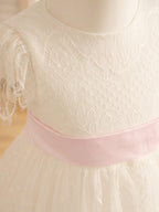 Ivory Satin Lace Flower Girl Dress With Bow For First Communion