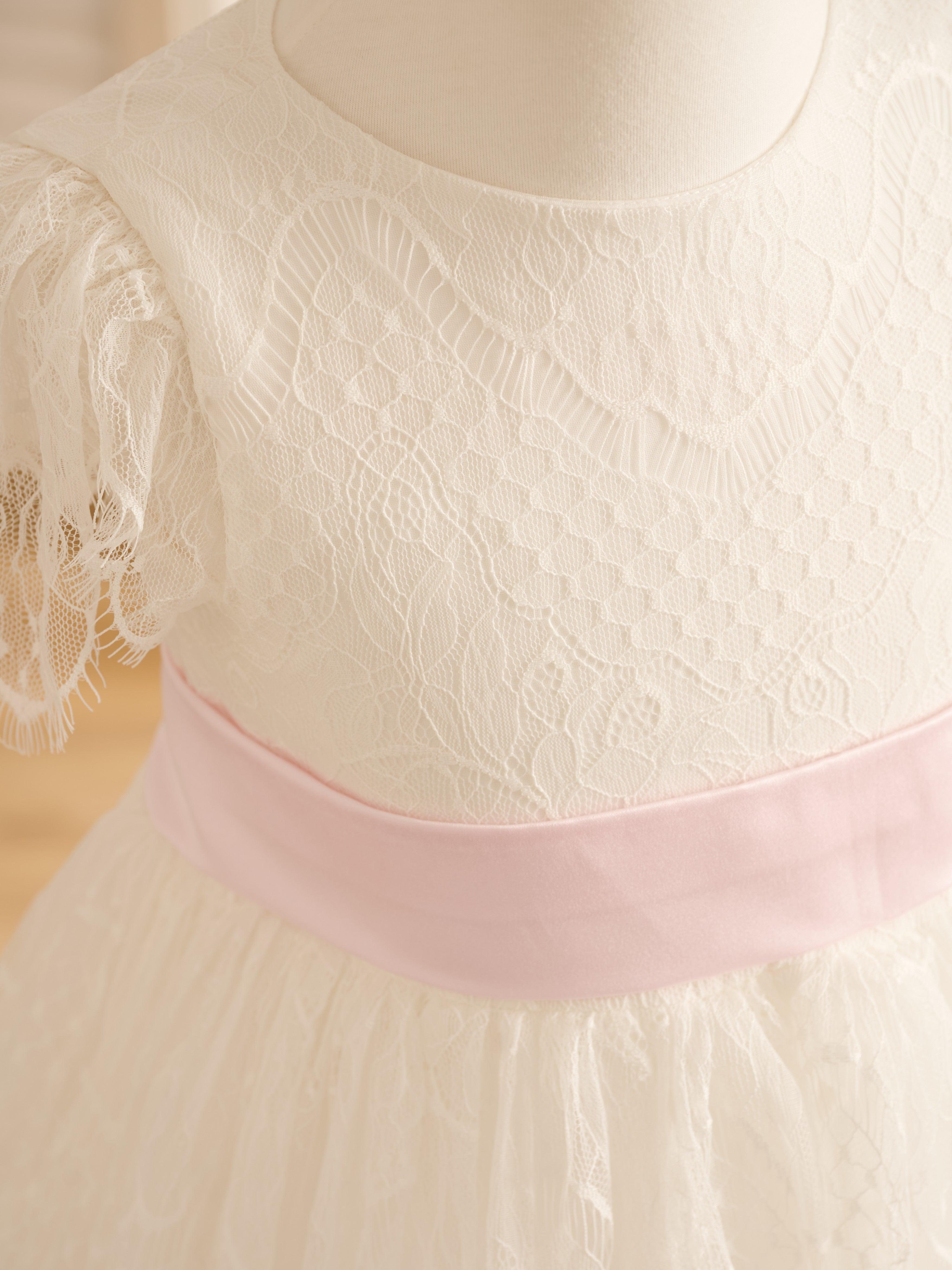 Ivory Satin Lace Flower Girl Dress With Bow For First Communion