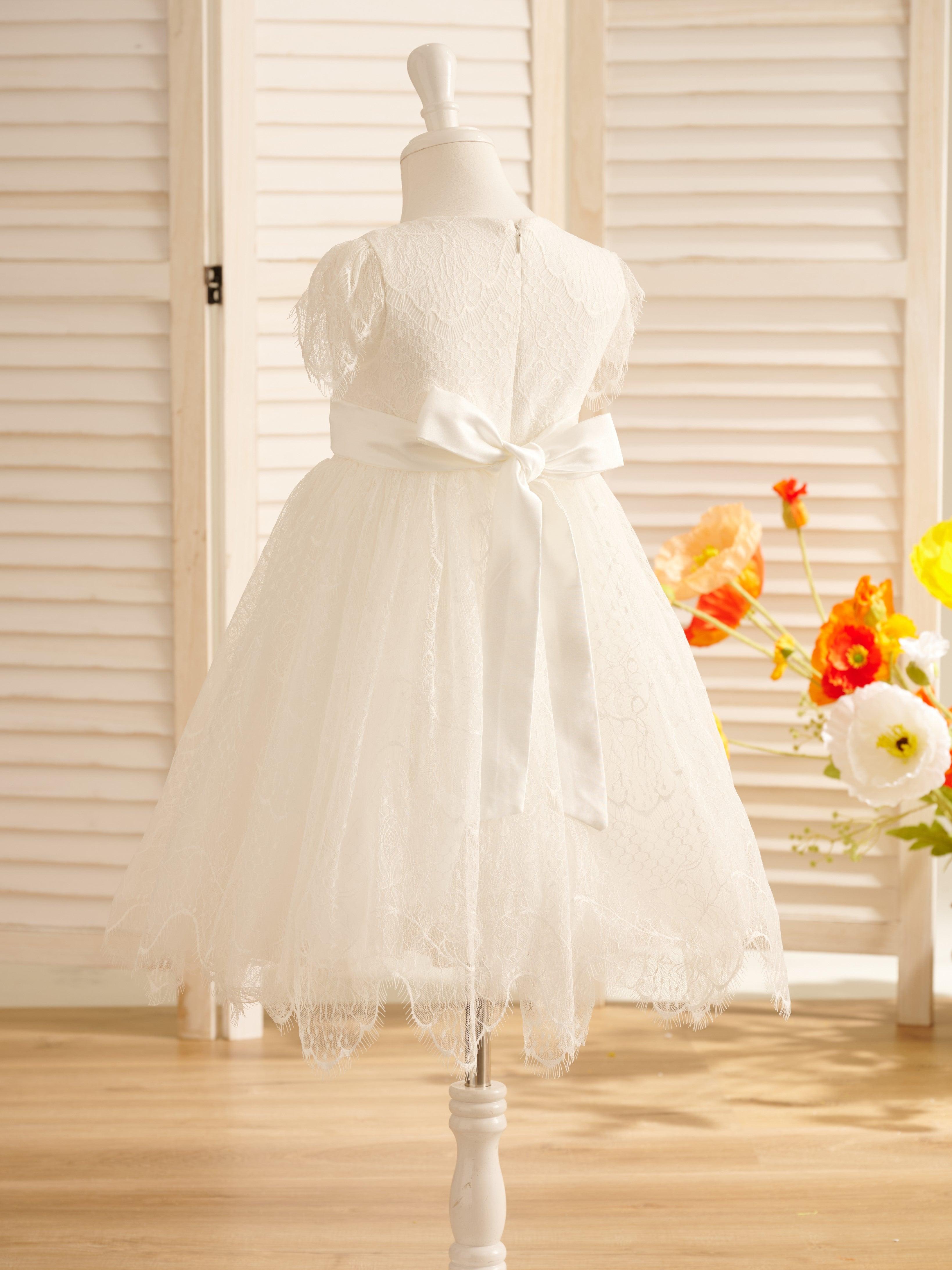 Ivory Satin Lace Flower Girl Dress With Bow For First Communion