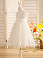 Ivory Satin Lace Flower Girl Dress With Bow For First Communion