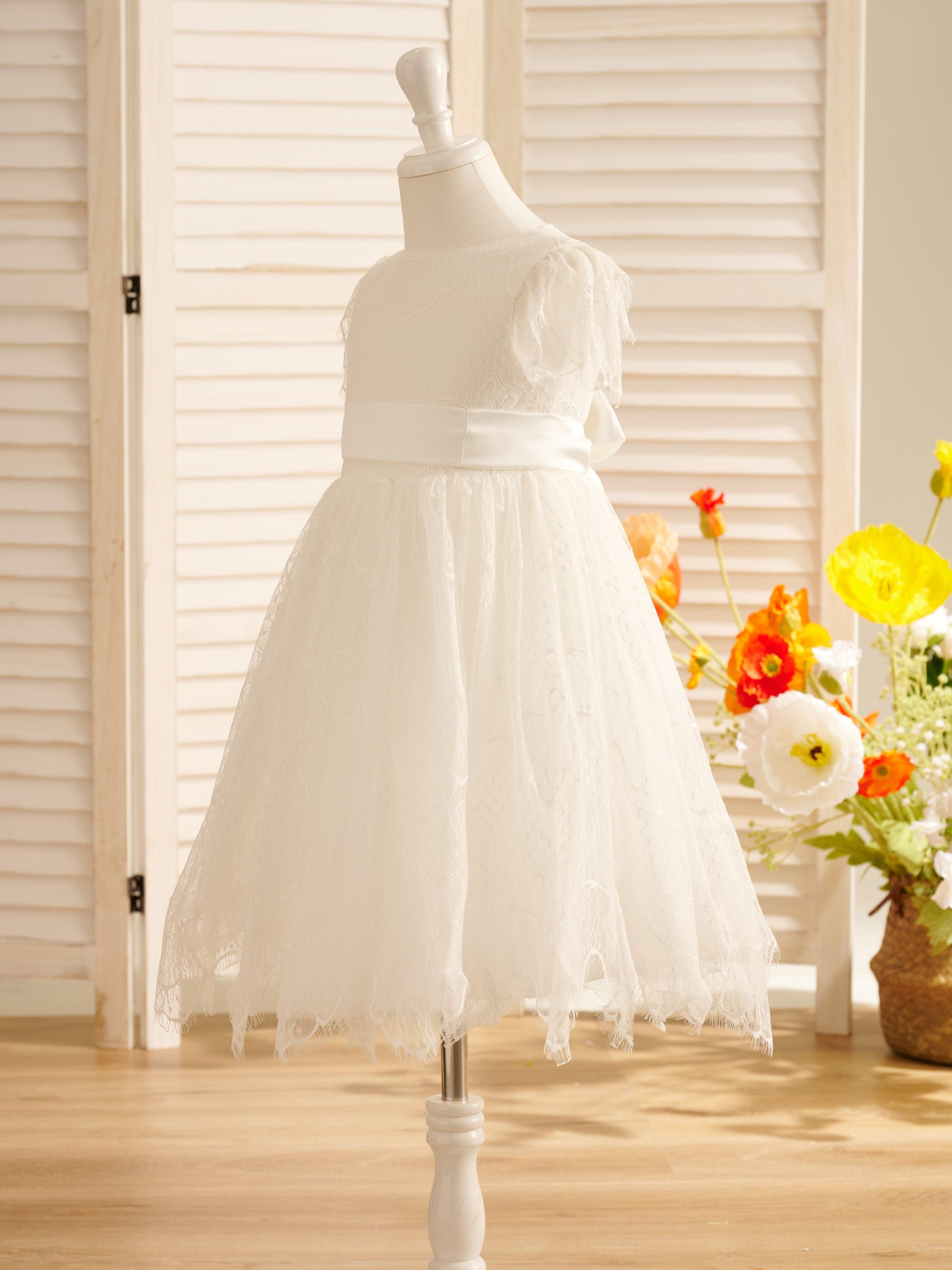 Ivory Satin Lace Flower Girl Dress With Bow For First Communion