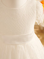 Ivory Satin Lace Flower Girl Dress With Bow For First Communion