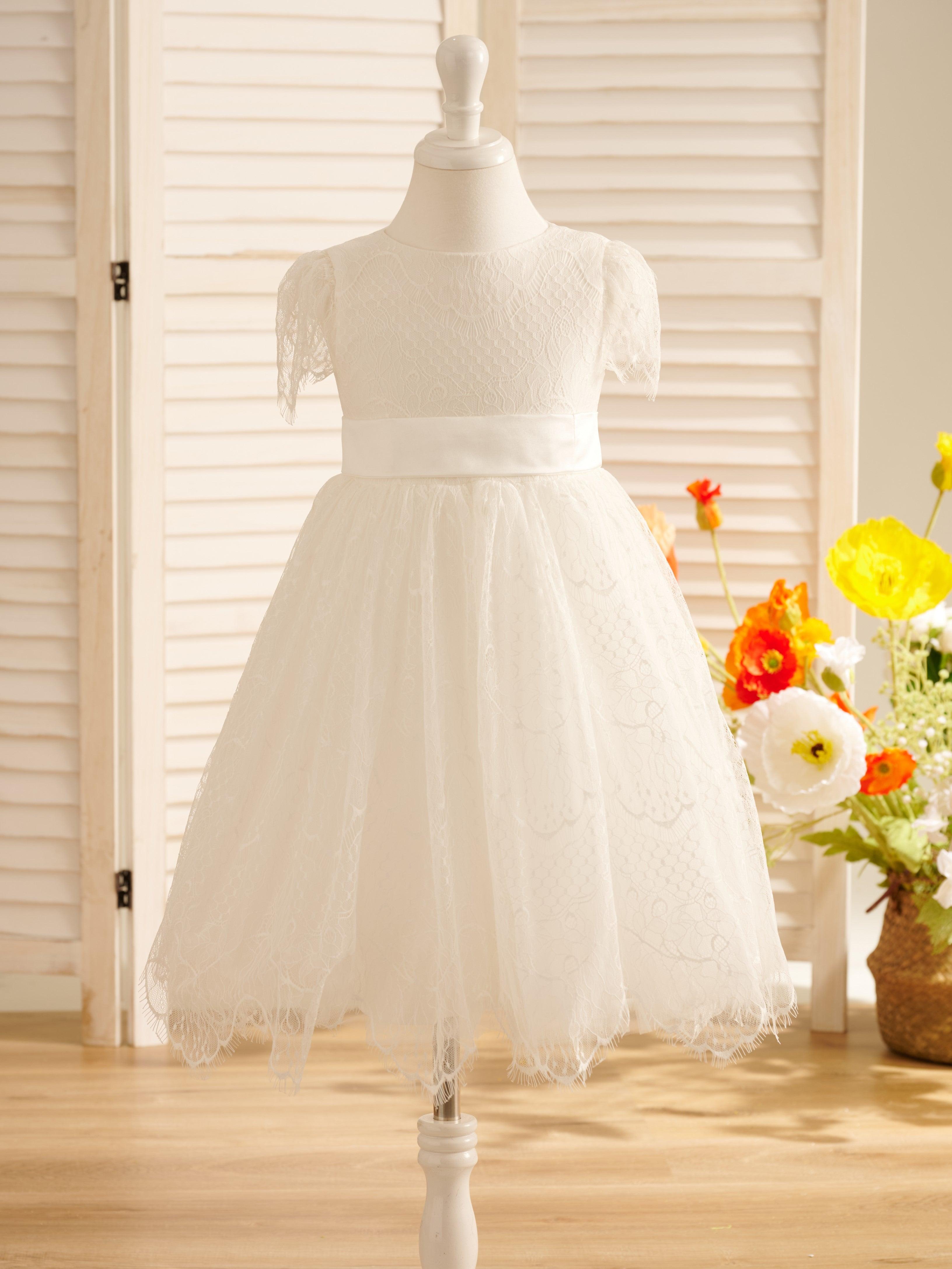 Ivory Satin Lace Flower Girl Dress With Bow For First Communion