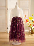 Long Sleeve A Line Tulle Flower Girl Dress With Flower Lace And V Back