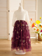 Long Sleeve A Line Tulle Flower Girl Dress With Flower Lace And V Back