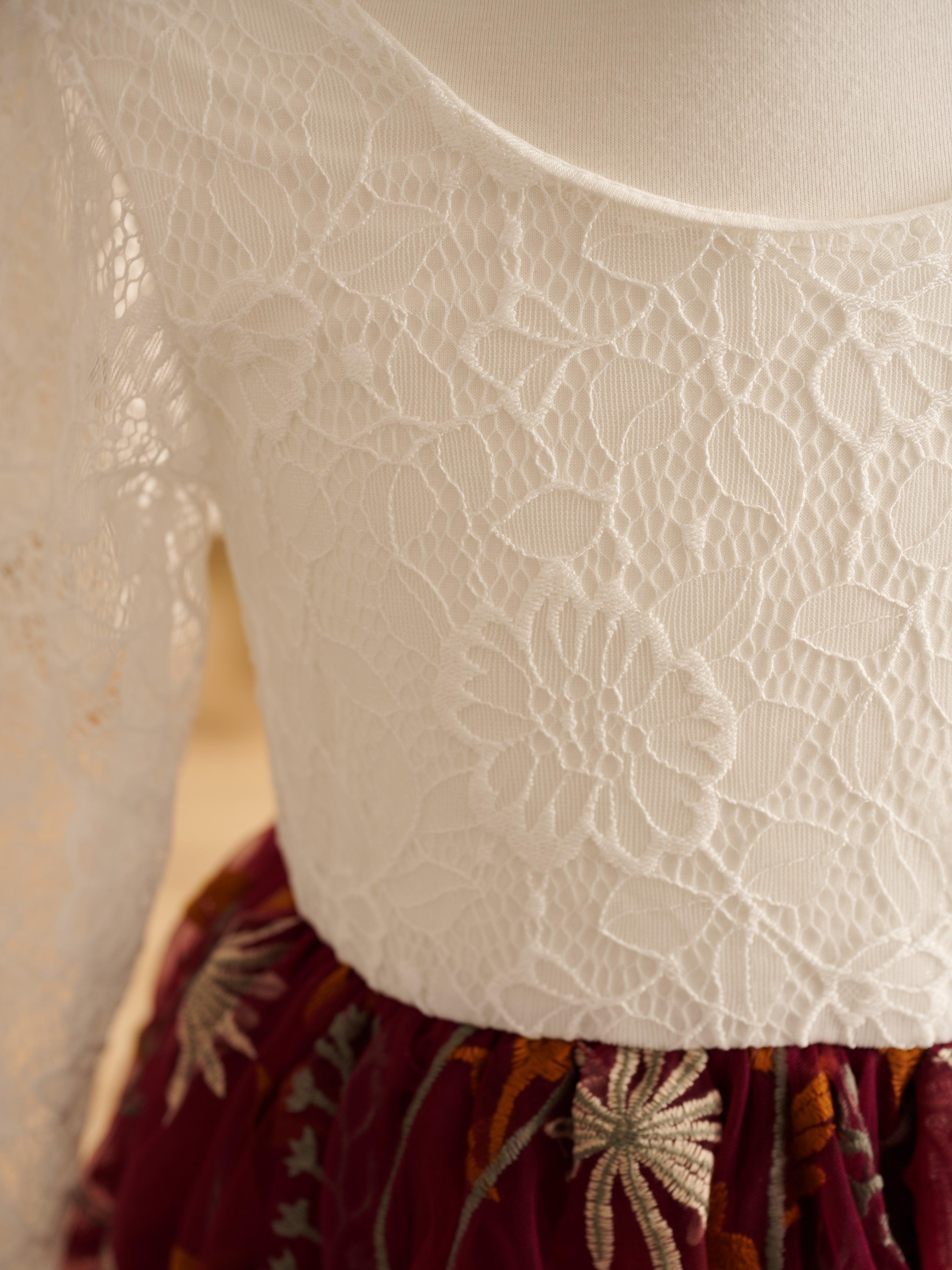 Long Sleeve A Line Tulle Flower Girl Dress With Flower Lace And V Back