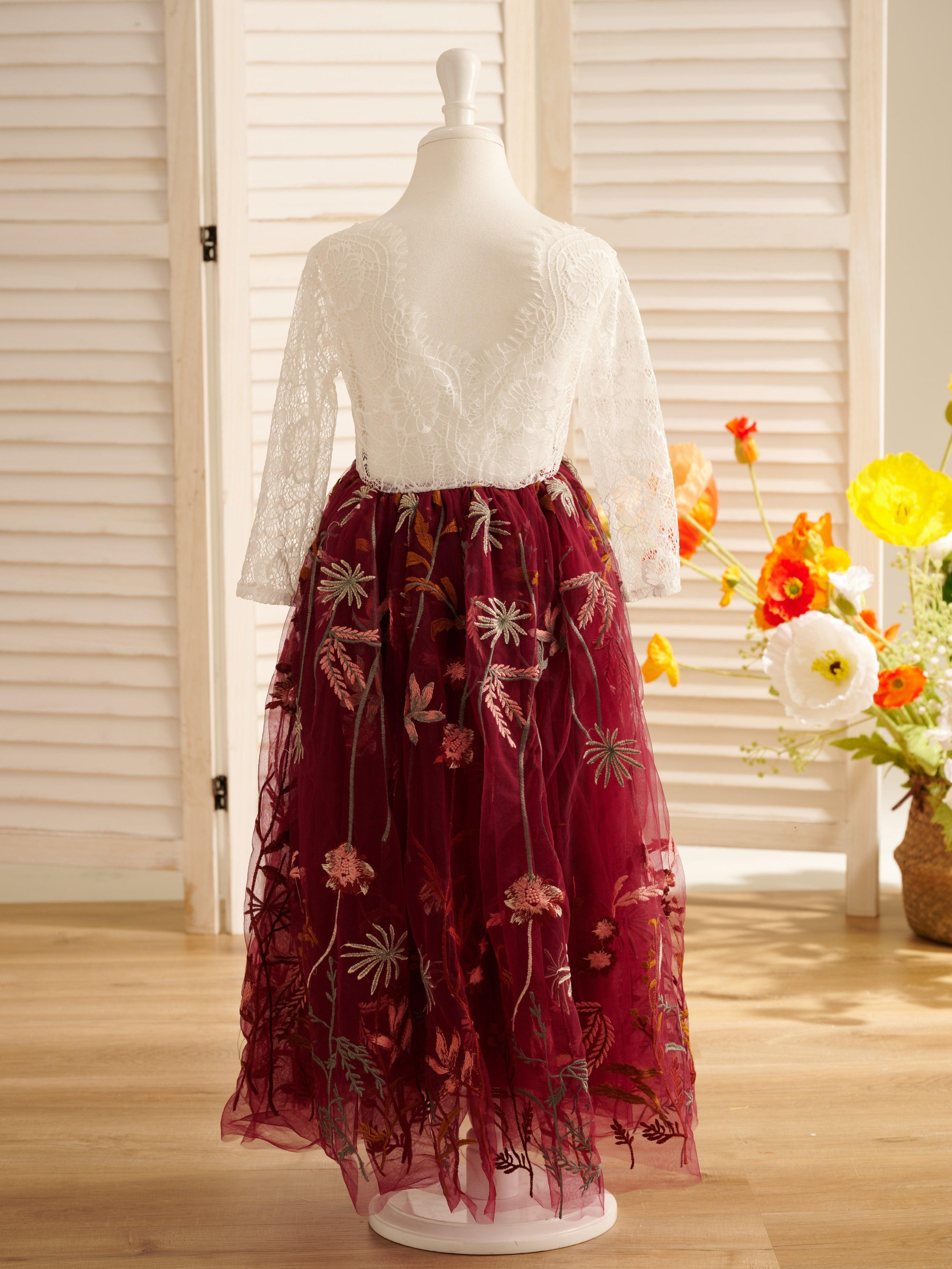 Long Sleeve A Line Tulle Flower Girl Dress With Flower Lace And V Back