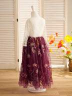 Long Sleeve A Line Tulle Flower Girl Dress With Flower Lace And V Back