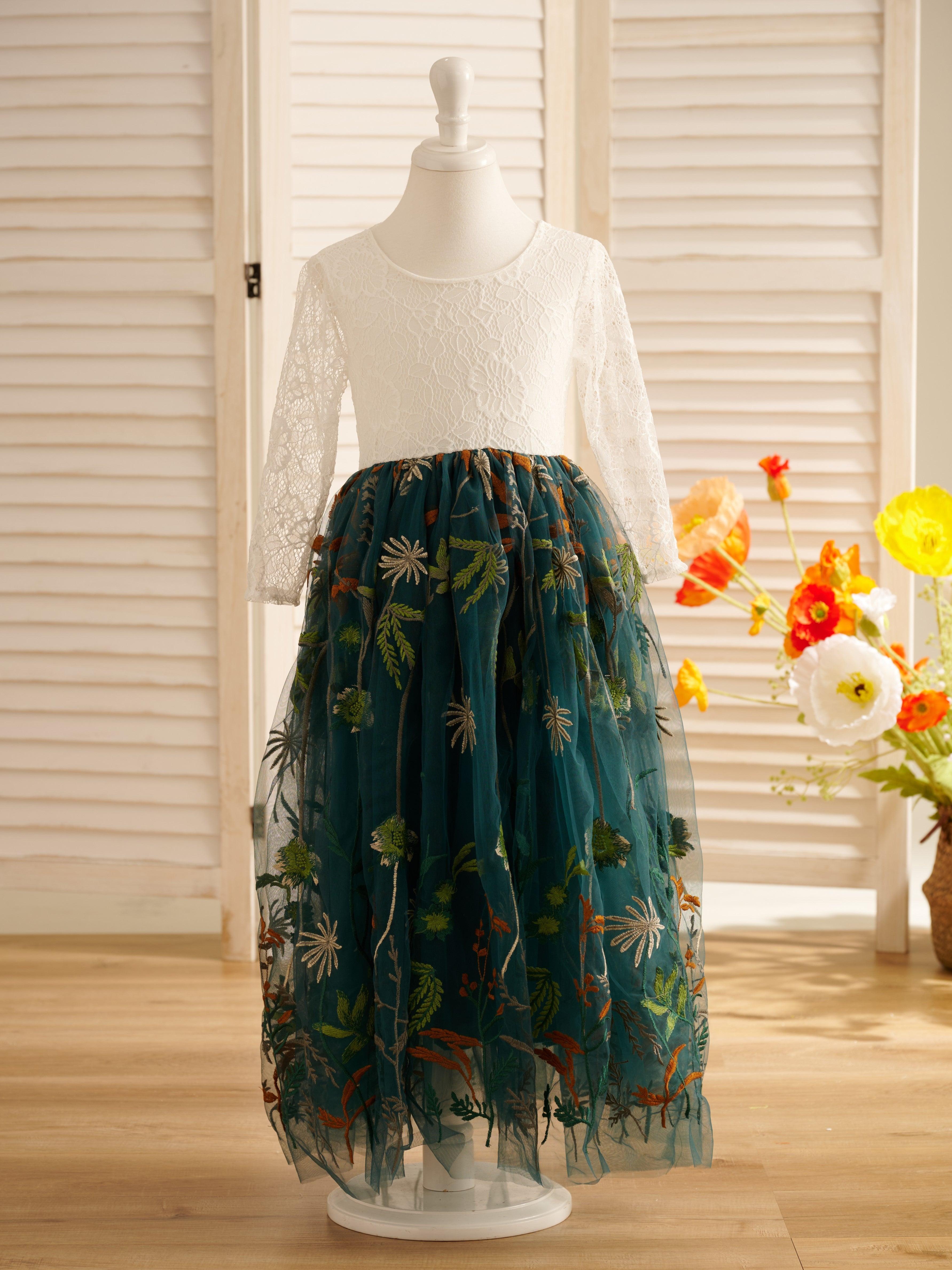 Long Sleeve A Line Tulle Flower Girl Dress With Flower Lace And V Back