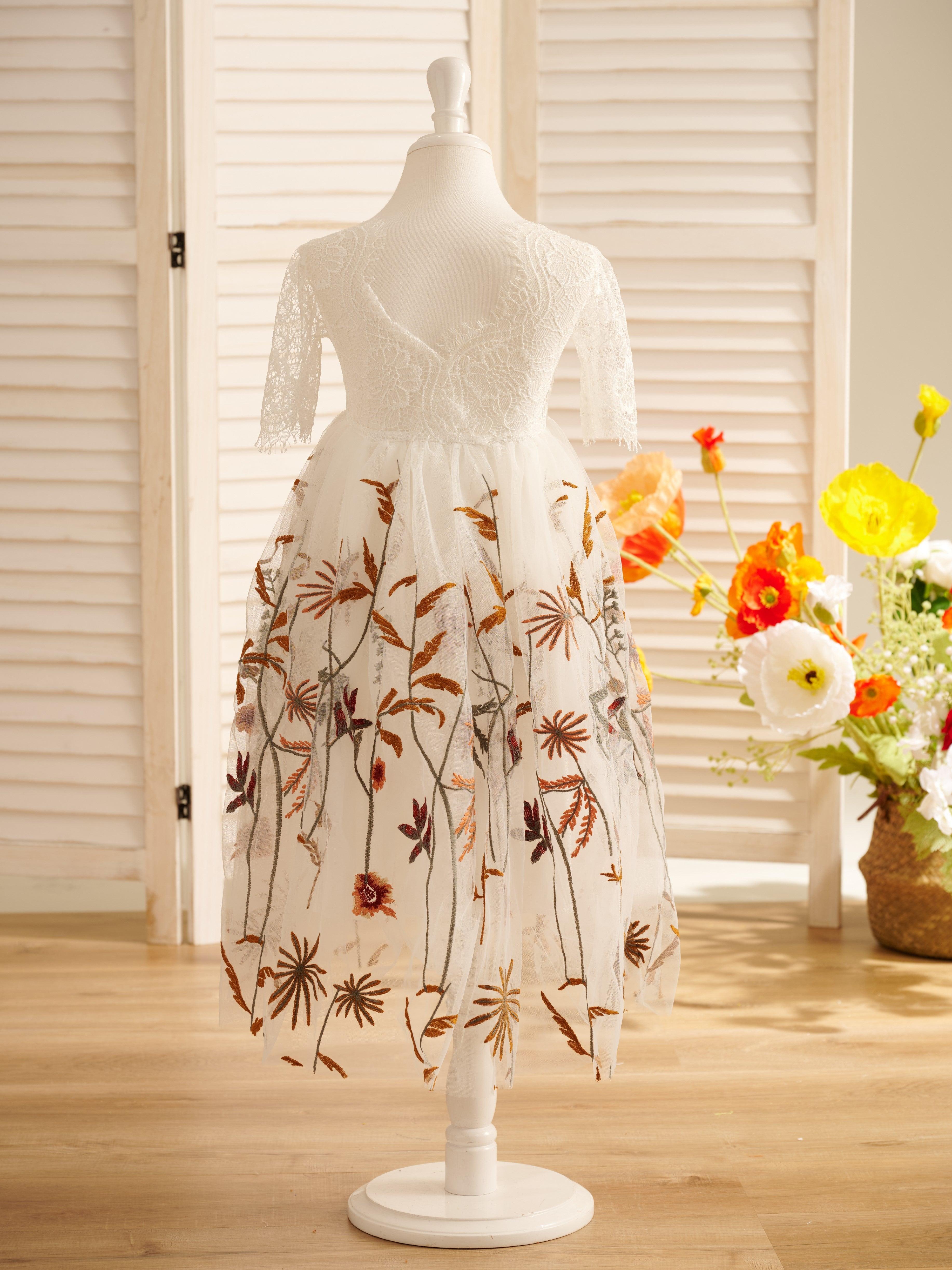 Boho Tulle Flower Girl Dress A Line Scoop Neck Short Sleeve