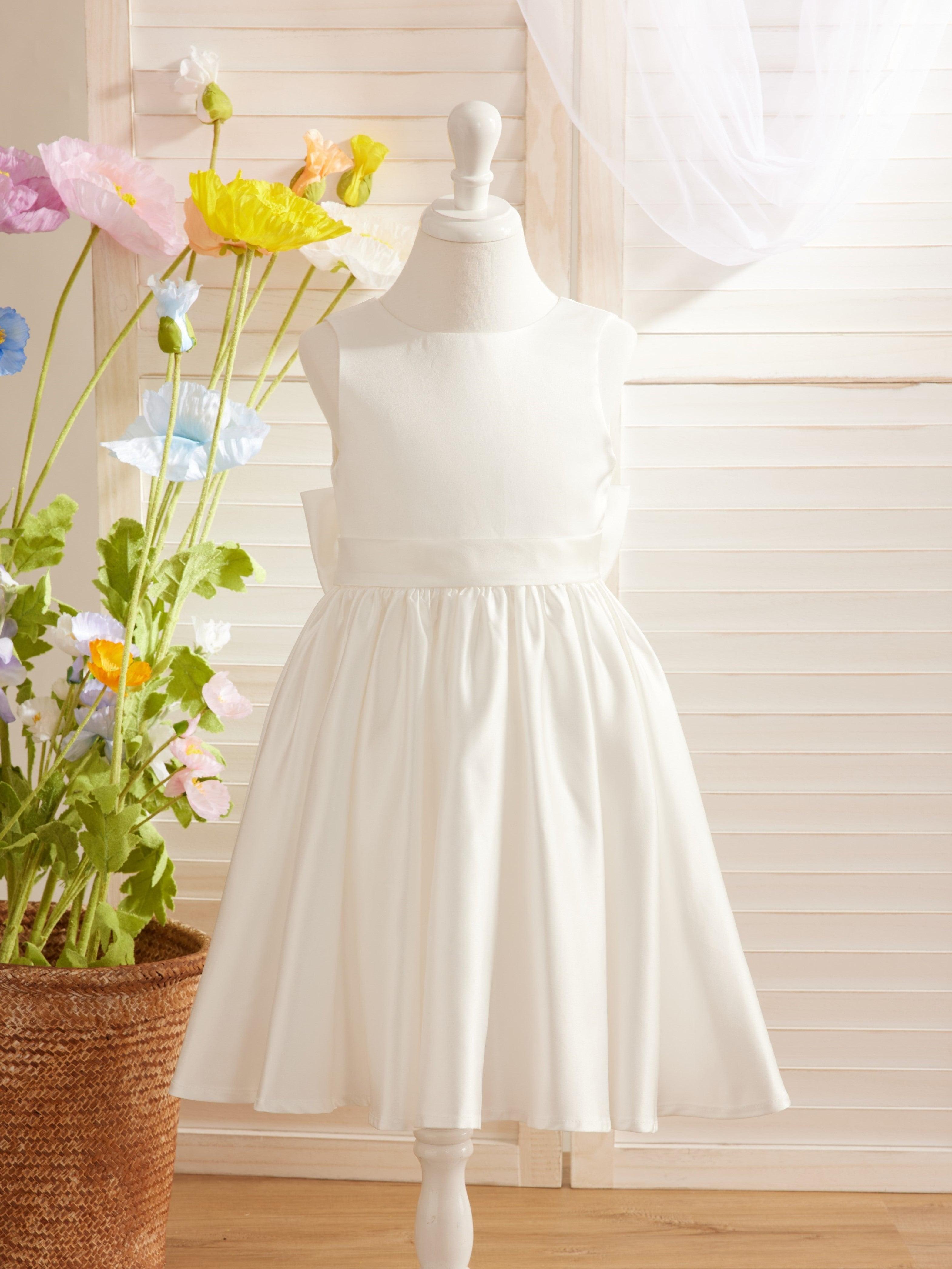 Ivory Satin Knee Length Flower Girl Dress Princess A Line Bow