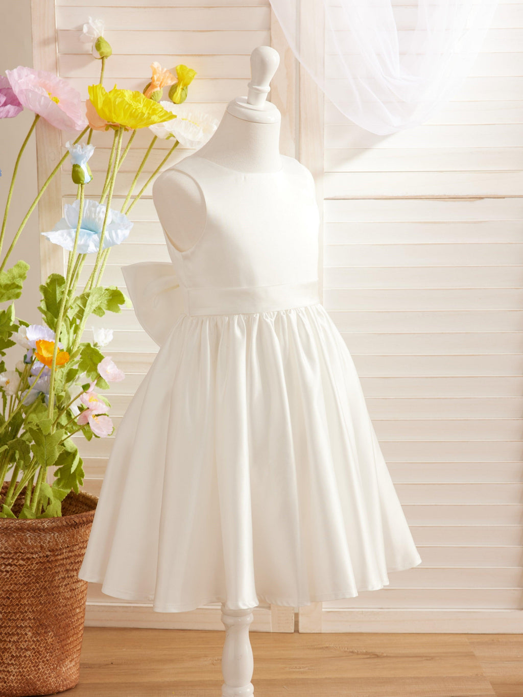 Ivory Satin Knee Length Flower Girl Dress Princess A Line Bow