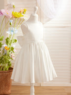 Ivory Satin Knee Length Flower Girl Dress Princess A Line Bow